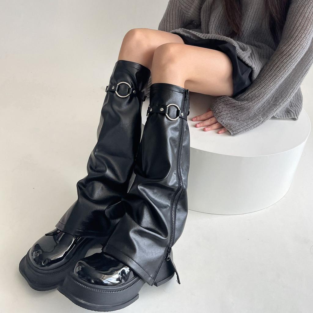 Cubierta de Pie de Cuero PU Chicas Geniales Harajuku Y2K Calentadores de Piernas Cubierta de Pierna Cortavientos para Motocicleta Chica Picante del Milenio Subcultura Color Oscuro