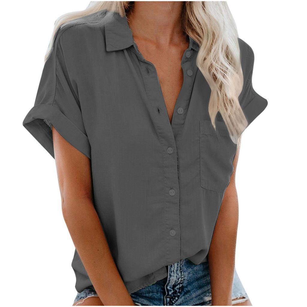 Women's Point Collar Short Sleeve Button Down Shirt Straight Fit Casual Summer Blouse