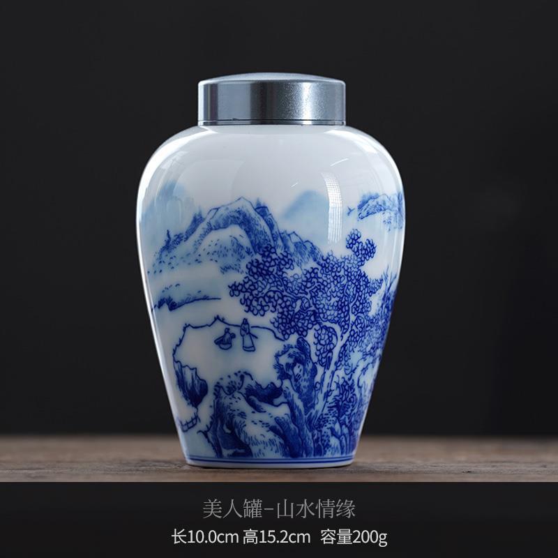 Creative Blue and White Porcelain Alloy Sealed Tea Jar Plant Landscape Ceramic Jar Moisture-proof Food Decorative Jar Home Decor