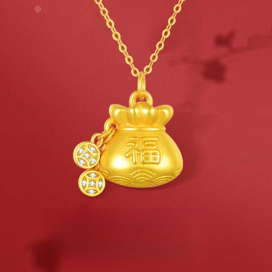 Ancient Method Gold-plated Money Bag Lucky Bag Pendant Necklace for Women Copper Transfer Gold Bead Lucky Bag Hanging Pendant