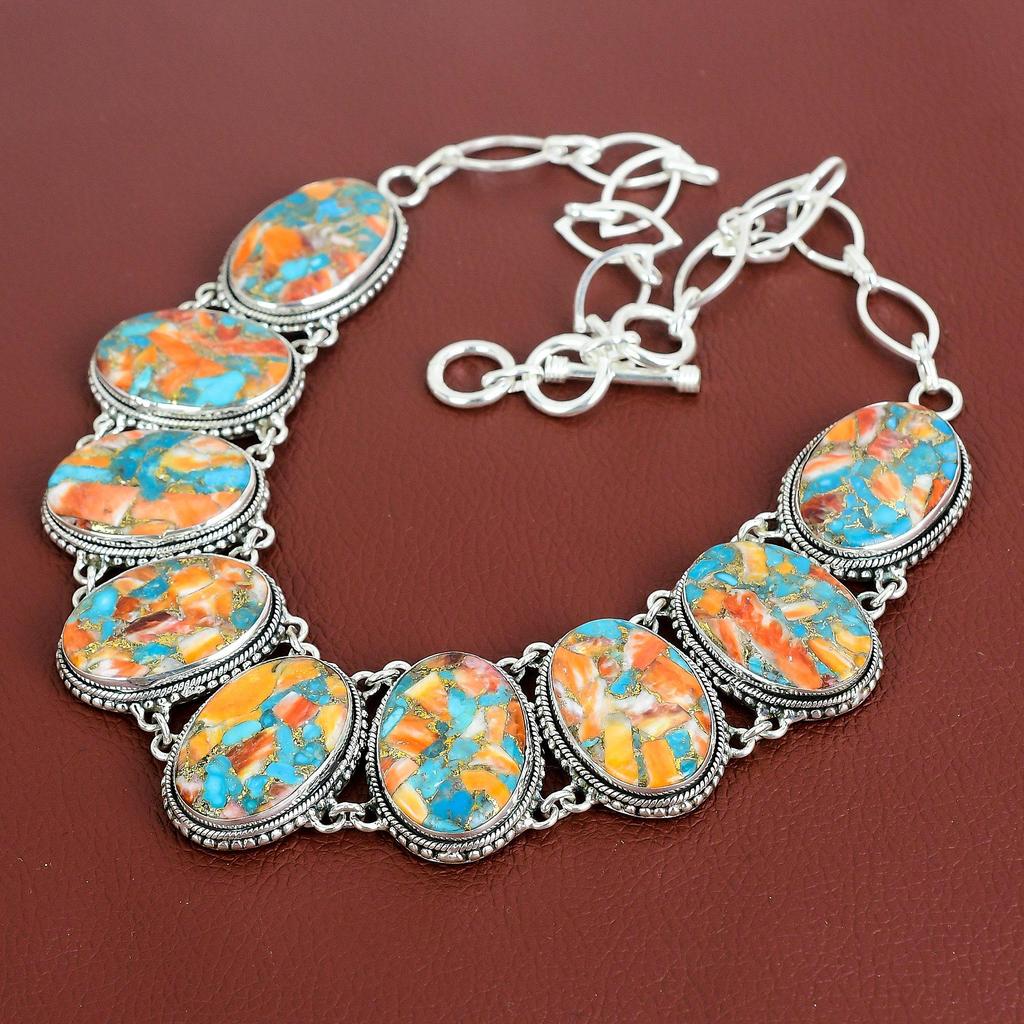 Spiny Oyster Copper Turquoise Gemstone Necklace 925 Sterling Silver Necklace Handmade Adjustable Chain Necklace Vintage Jewelry Gift For Mom