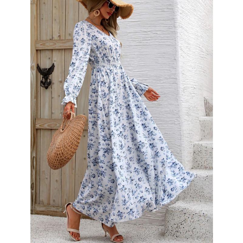 Fashion V-neck Long Sleeve Printed Loose Women Dress Spring Autumn Elegant A-line Party Long Versatile Dress Slim Fit Holiday Women's Clothing