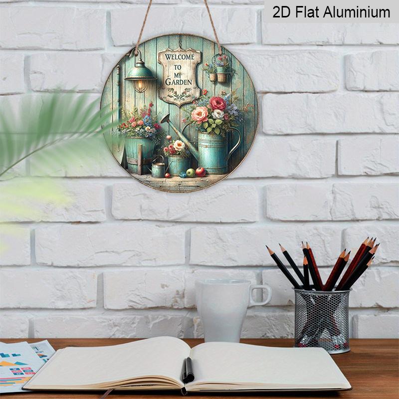2D Flat - 1pc Round Vintage "Welcome to My Garden" Aluminum Sign - Rustic Floral Watering Can & Lantern Wall Plaque, Perfect for Rustic Style Wall Or