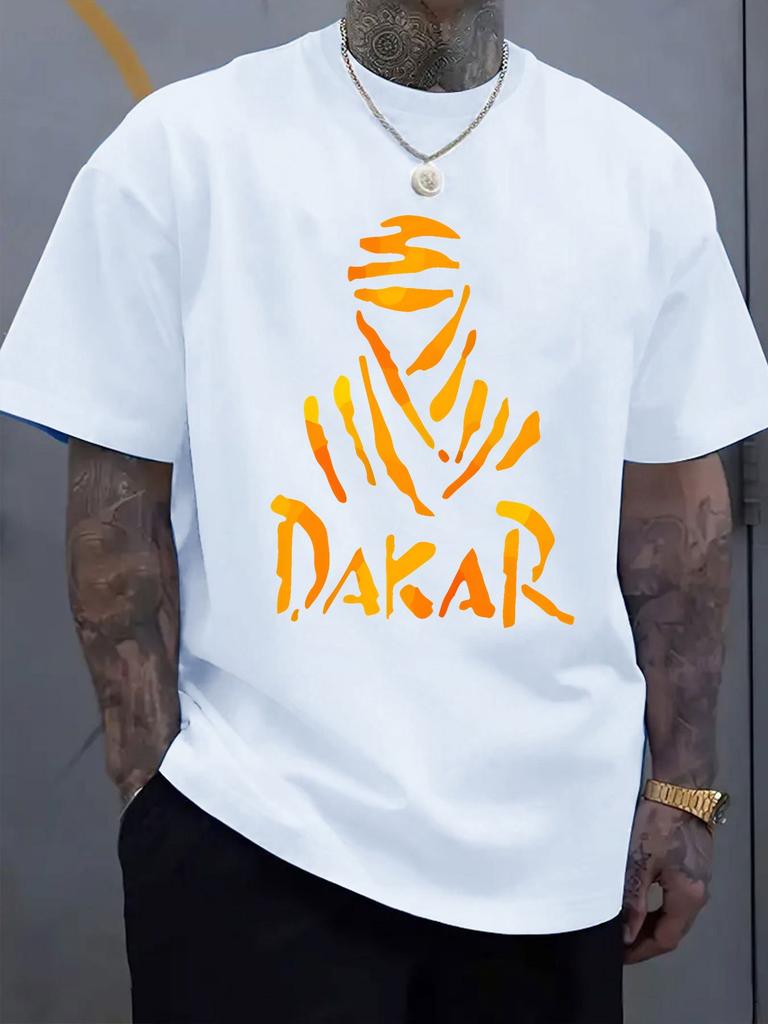 Herre T-skjorte med Dakar-grafikk - Lett pustende crewneck-t-skjorte med dristig Dakar-trykk, oransje-gul skjorte for hverdag og form