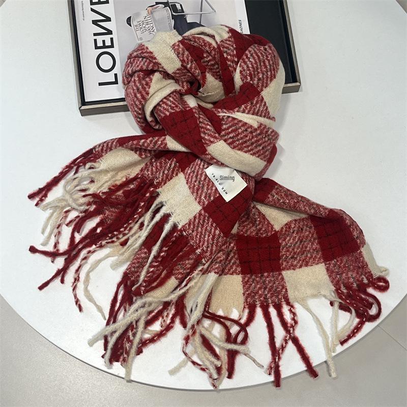 Korean Style Red Christmas Women's Imitation Cashmere Scarf - Thick, Warm Neck Warmer, Perfect New Year Couple Gift