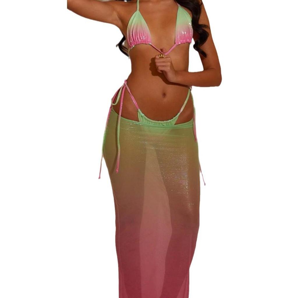 2024 Trendy Gradient Backless Three-Piece Women's Bikini Set with Tie-Up Triangle Panty