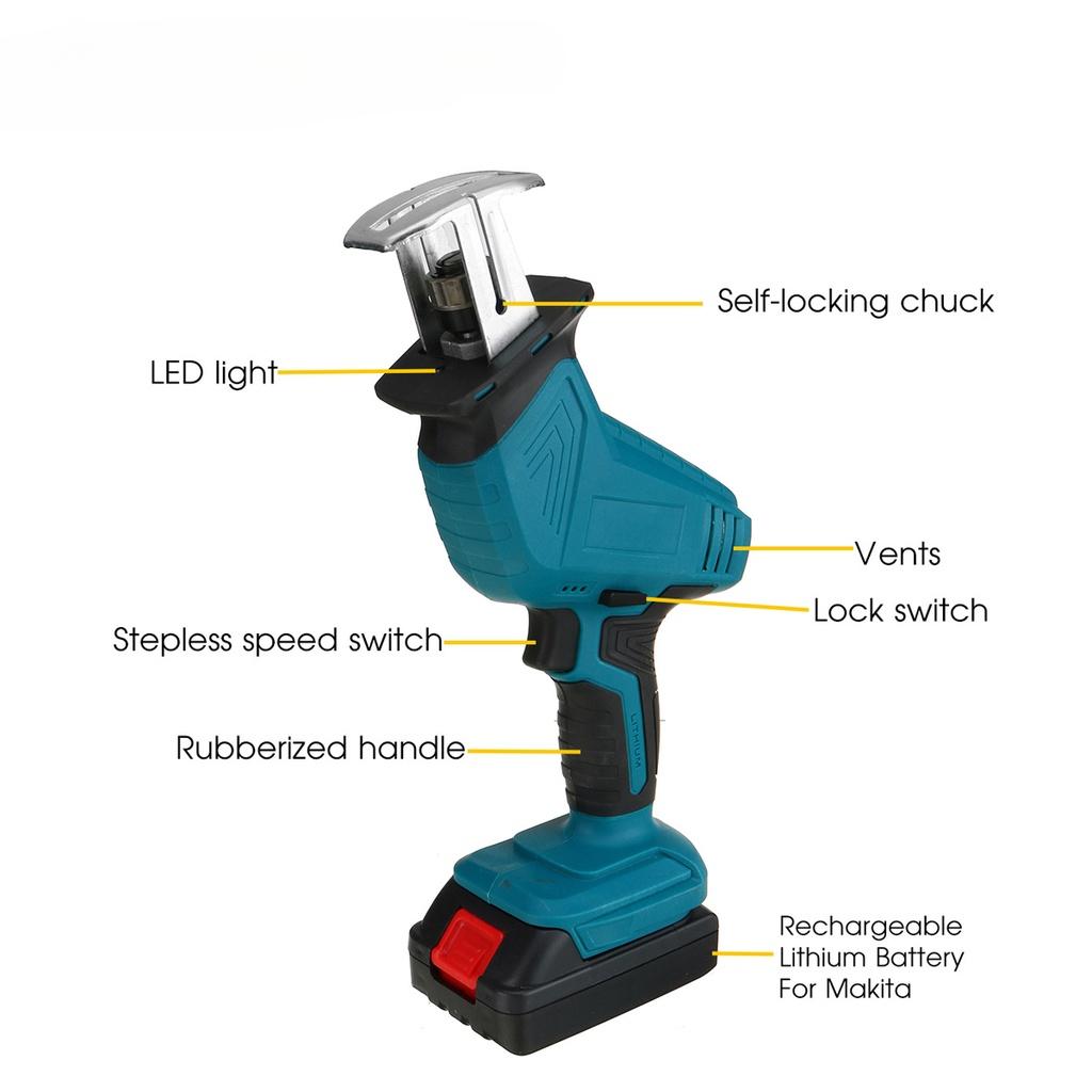88VF 4 Blades Metal Cutting Woodworking with 2 Battery Blue + Black Cordless Reciprocating Saw Chainsaw Rechargeable Electric Jig Saw