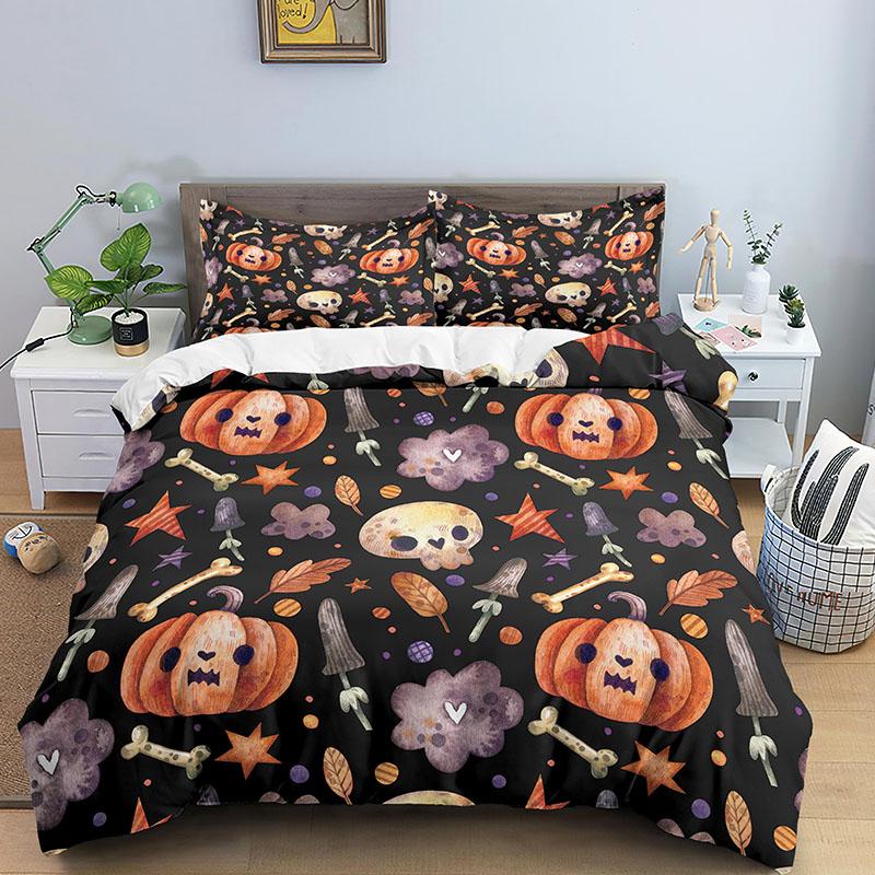 Halloween Duvet Cover Set Bats Pumpkin Polyester Comforter Cover with Pillowcase Queen King Size Bedding Set 3D Print Bedclothes