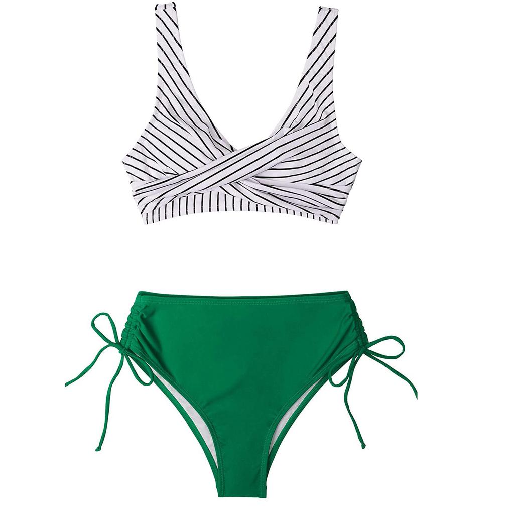 Two Piece Bikini Swimsuit for Women Floral Print High Waist Bottoms Sleeveless Crop Top Swimwear Set with Adjustable Ties