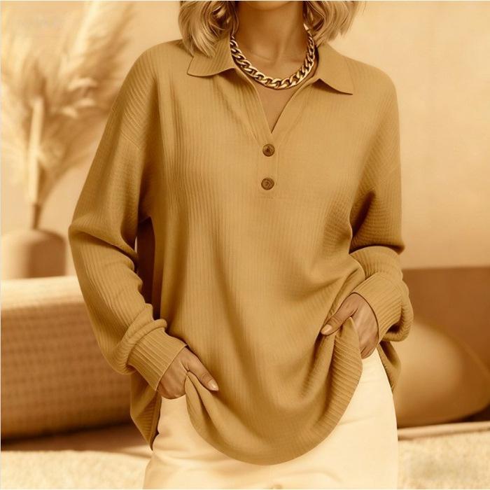2026 Women's Gray Knit Top with Button Collar Decoration - White Tone