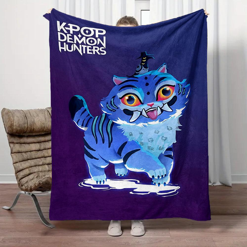 1Pc Kpop Demon Hunters Derpy Cats Print Flannel Blanket, Comfortable for All Seasons, Home Decor, Warmth and Comfort, Perfect for Christmas Gifts