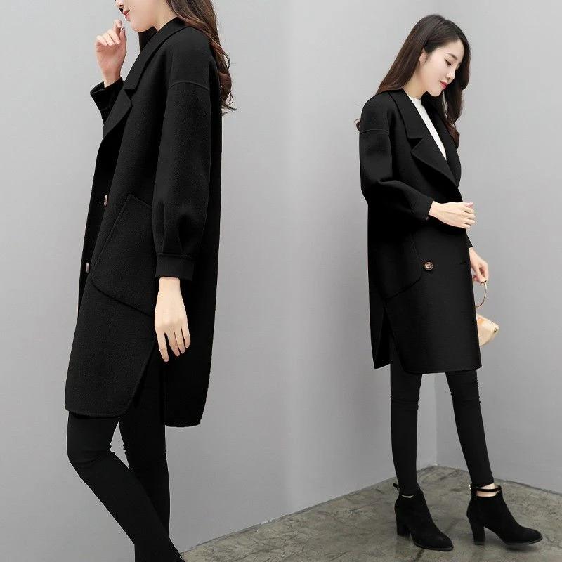 Women's Solid Color Fashionable Wool Coat for Women Autumn Spring New Korean Style Mid-length Lantern Sleeve Wool Coat