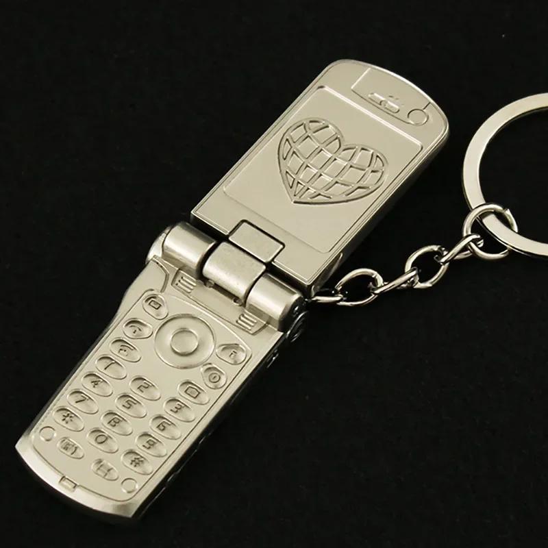 Creative Pendant Mini Mobile Phone with Flip Cover and Rotating All Metal Toy Decoration Gift Keychain