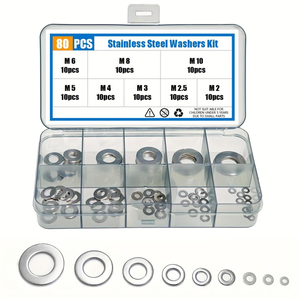 Stainless Steel 80-580pcs Assortment Set - Flat Washers Kit with Custom Storage Box - Multiple Sizes (M2-M10) for Screws Bolts,