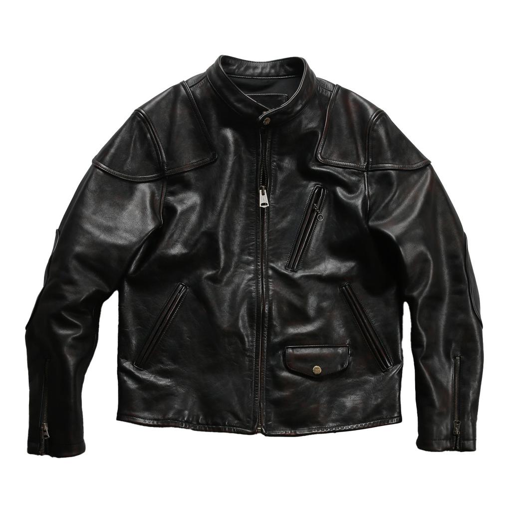 European and American casual tea core color oil wax horse skin venom leather jacket men's slim stand-up collar locomotive leather jacket