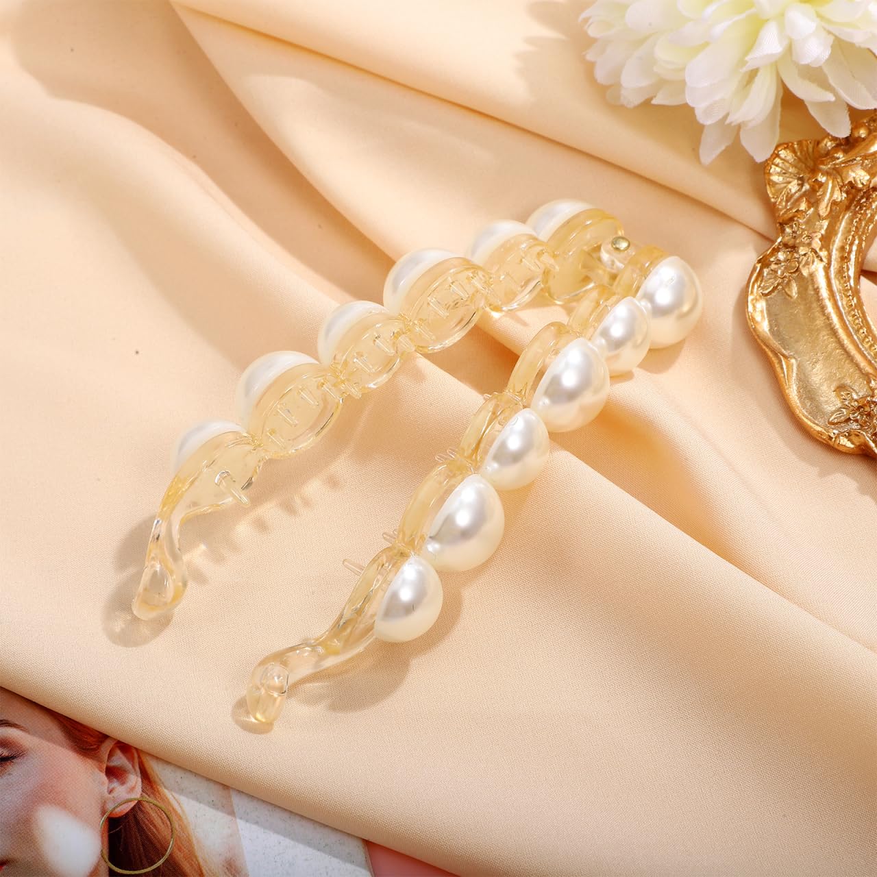 FRCOLOR Pearl and Fishtail Banana Clip, Jumbo Hair Clasps with Faux Pearls for Ponytail Styling