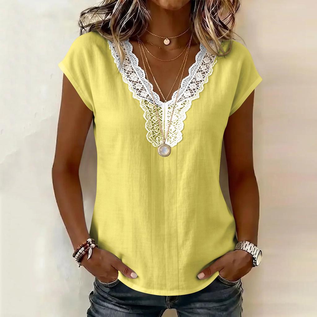 Women Casual Pullover Top V Neck Lace Trim Stitching Short Sleeve Blouse Lightweight Loose Fit Shirt for Everyday Wear