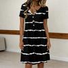 Women's Fashion Striped Print Round Neck Short Sleeve Buttoned Casual Dress