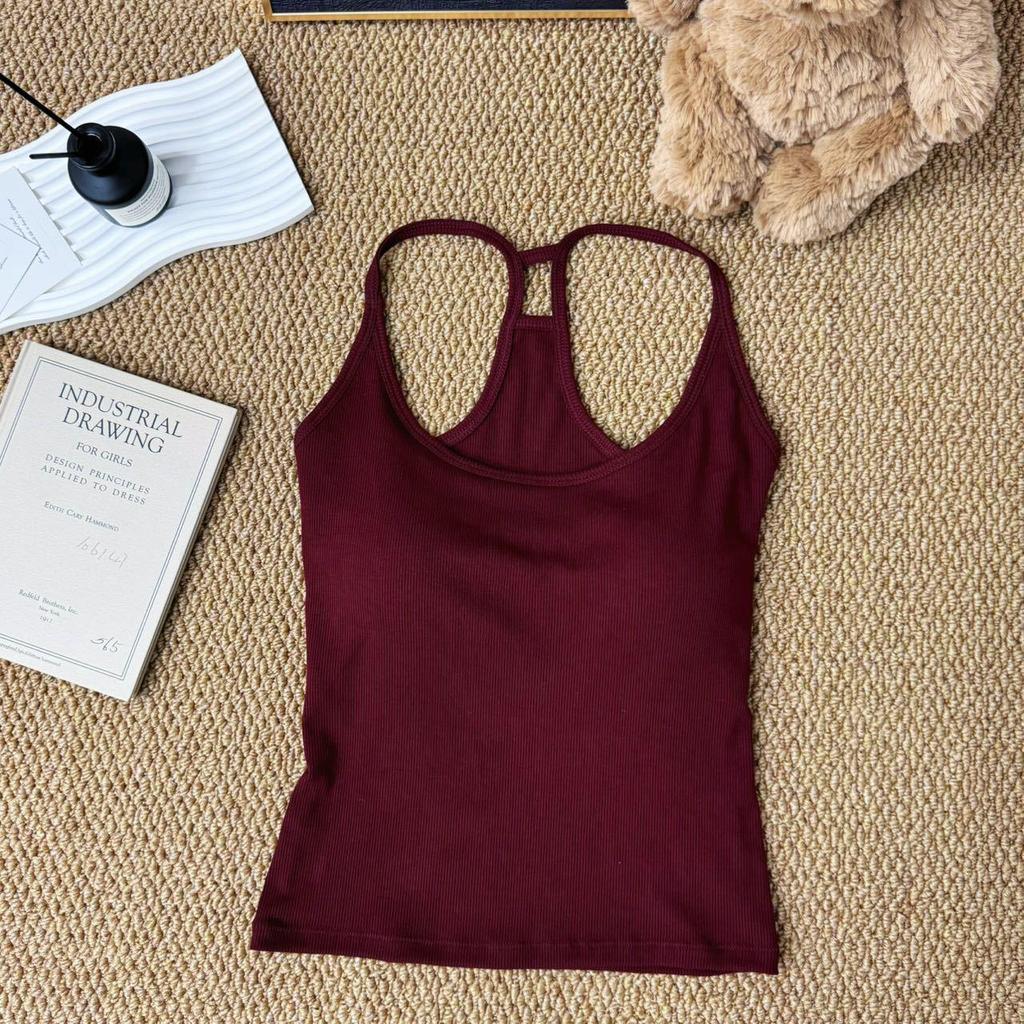 Women's Summer Hot Girl Pure Style I-Back Tank Top with Chest Pad, Solid Color, Versatile Sports Design