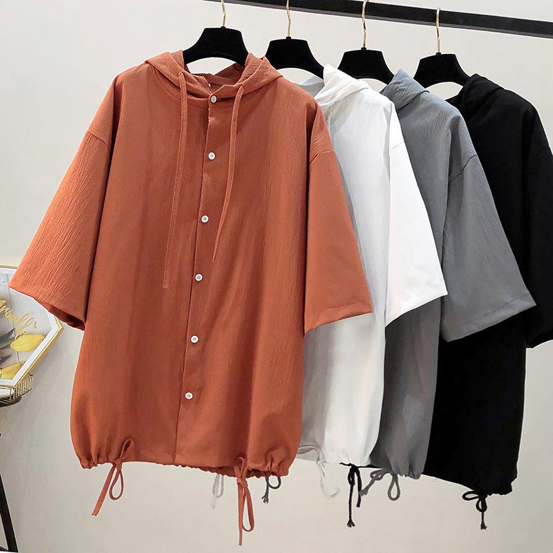 

Plus Size Summer Thin Cardigan Hooded Short-sleeve Fashion Retro Solid Color Button Drawstring Shirt Loose Casual Trend Top 4XL чорний