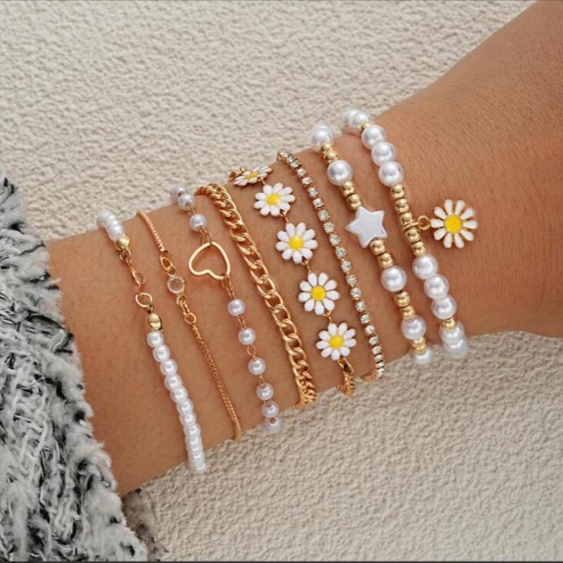 5/8pcs Set Of Girls Lovely Creative Pentagram Daisy String Handmade Bracelet Watch Set