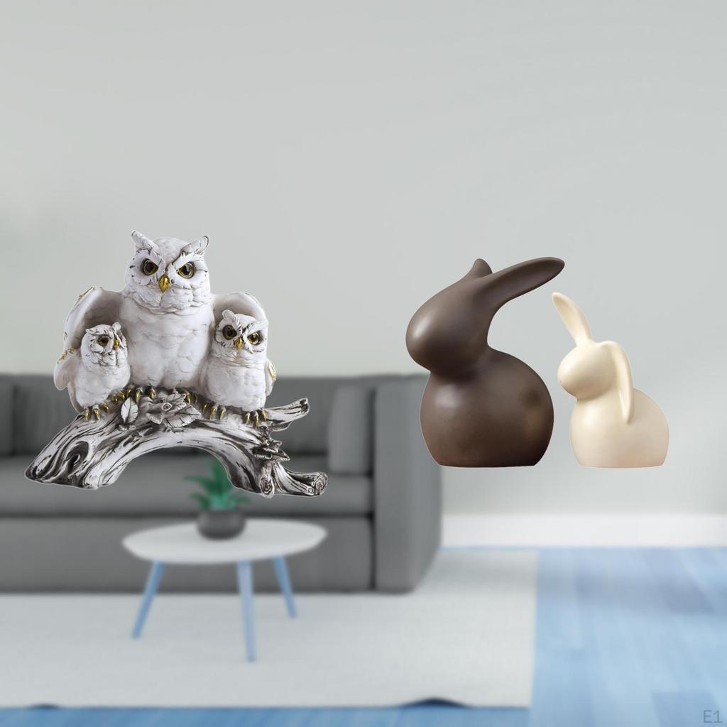 Owl Figurines Sculpture Tabletop Ornament Porcelain Bunny Statue Set for Living Room Office Cabinet