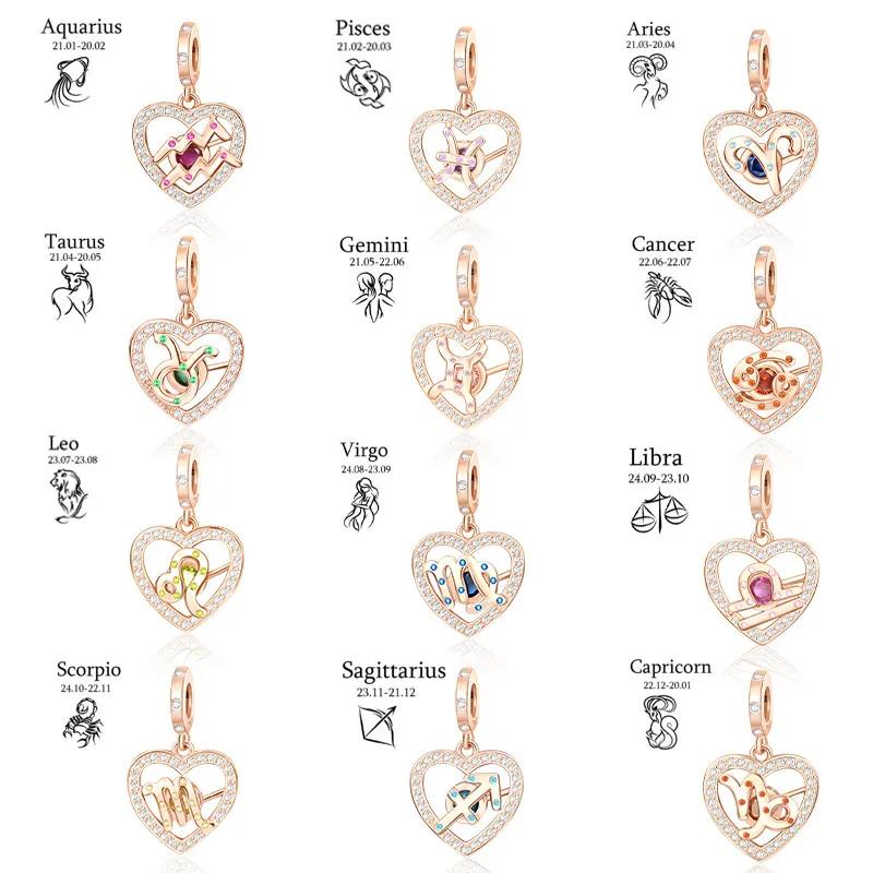 copper Twelve Constellations Heart Charm Bead Charms Bead Gemini Capricorn for Authentic Bracelets Diy Jewellery Gift for Women