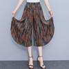 Women's Floral Cotton Silk Wide-Leg Skirt Pants - Summer Casual Elastic Waist, Plus Size, Lightweight Seven-Point Length.