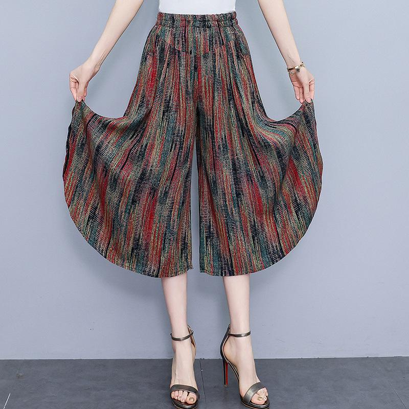 

Plus Size High-Waisted Summer Skirt Pants for Middle-Aged and Elderly Women - Lightweight Cotton Silk Wide-Leg, Seven-Point Length 3XL (Recommended 130-150 jin)