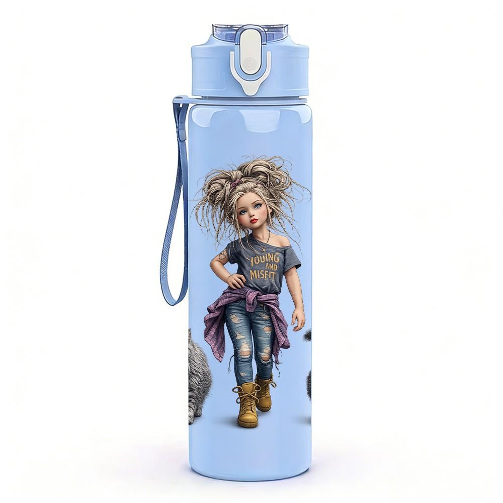 1PC Rag Doll Girl Toy Character Print 750ml Color Plastic Sports Water Bottle Leakproof Flip Straw Lid Suitable for Sports Office Home Use