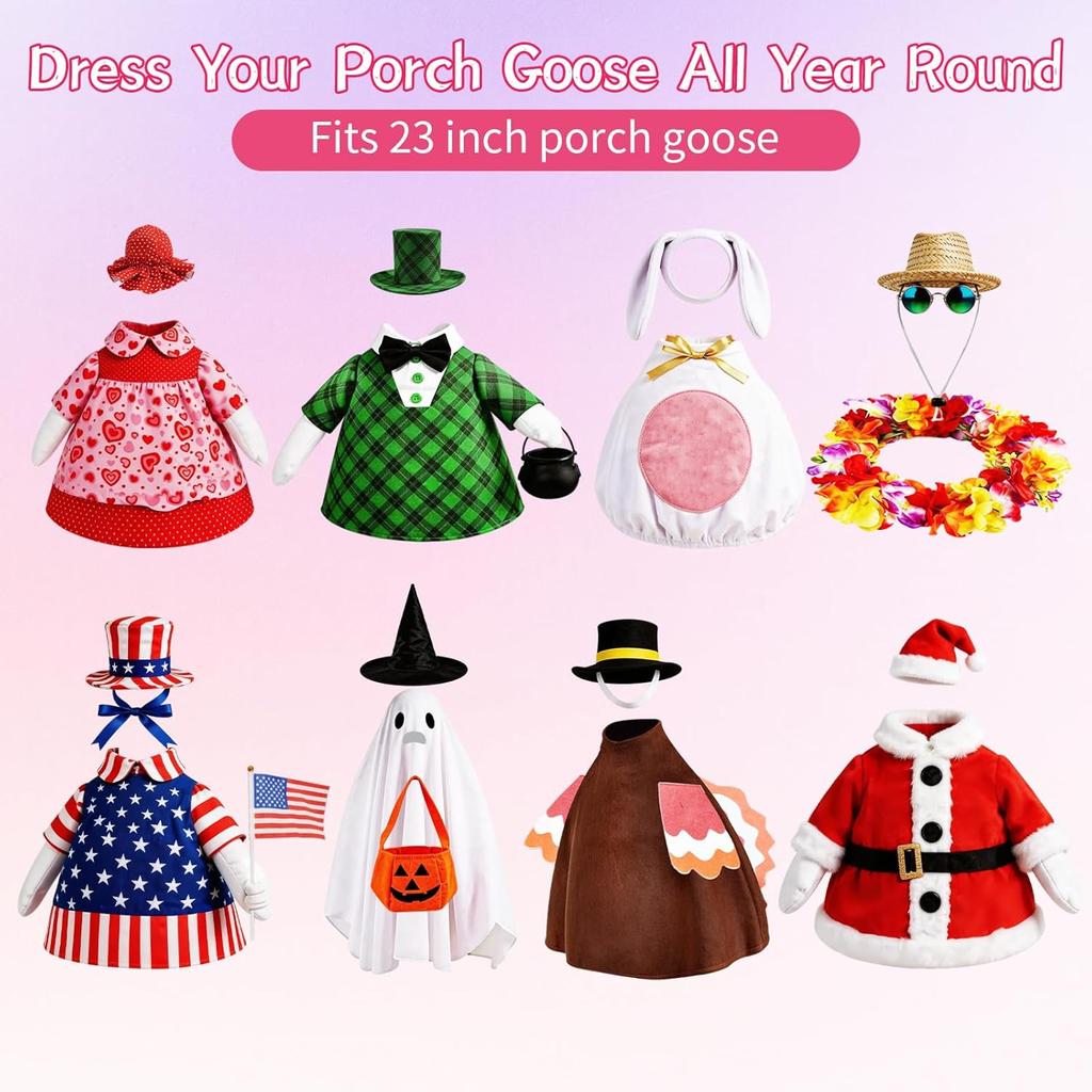 Goose Statue Costume Set, 8Pcs Seasonal Holiday Dress up Outfits for 24 Inch Lawn Goose Decor, Halloween Christmas Valentine