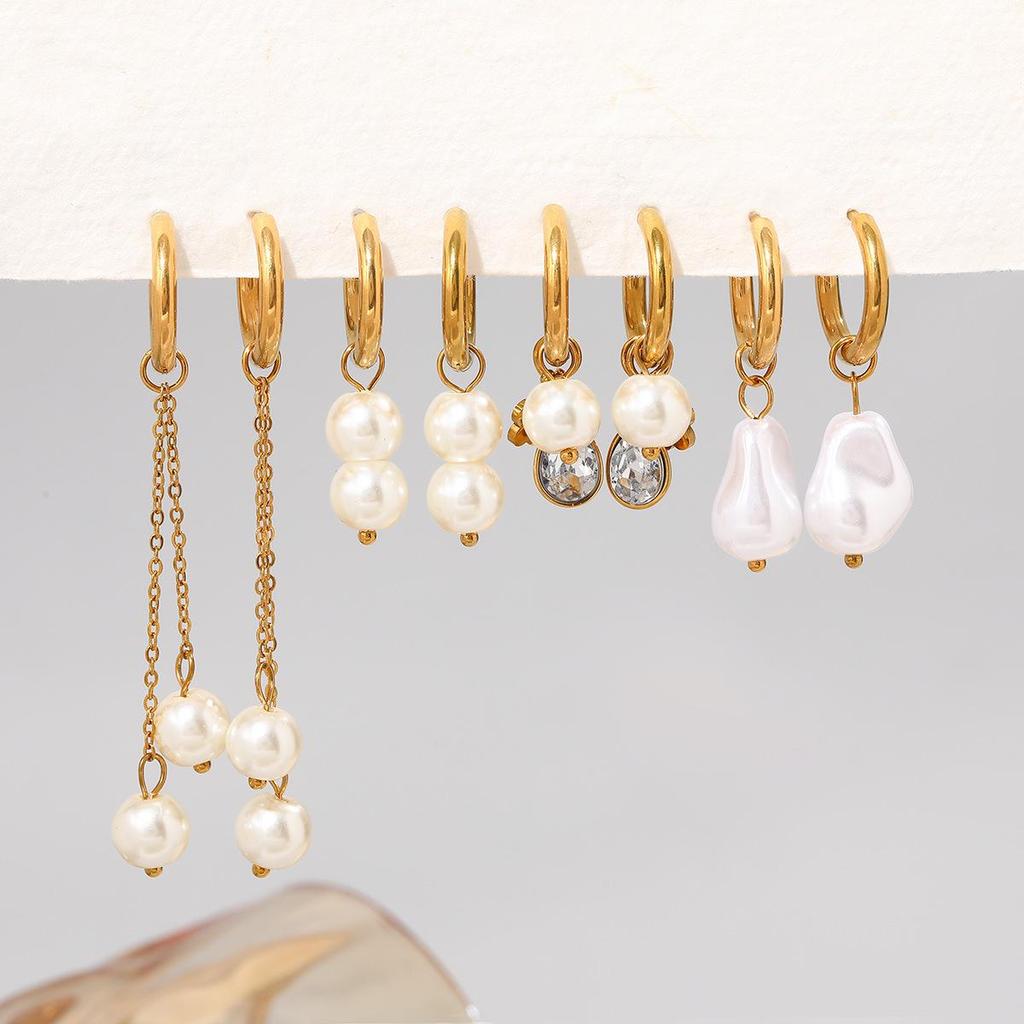 European & American Stainless Steel Pearl Earrings - Elegant Titanium Steel, Colorfast & Luxurious Design