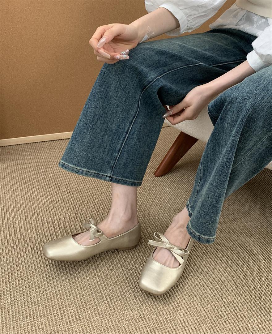 

Gentle fairy wind Mary Jane shoes 2025 spring French temperament elegant bow flat evening shoes 39 золотой