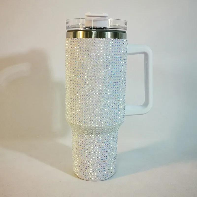 40oz Diamant Thermobecher mit Griff 304 Edelstahl Vakuum Kaffee Isolierflasche Tragbare Auto Flaschen