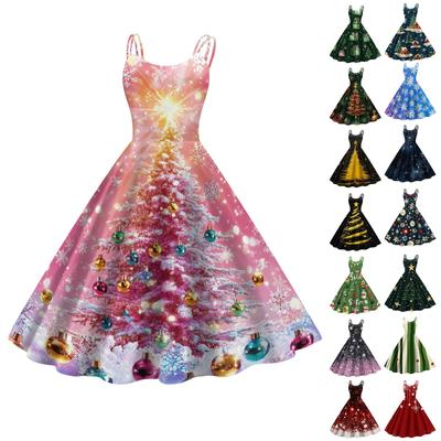 Damen Weihnachtskleid mit Schneeflocken-Print, sexy, schmales, schulterfreies Punk-Retro-Kleid