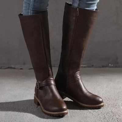 Neue Winter Damenreitstiefel 2024 Runde Zehenpartie Blockabsatz Overknee Hohe Stiefel Damen Schnalle Plateauschuhe
