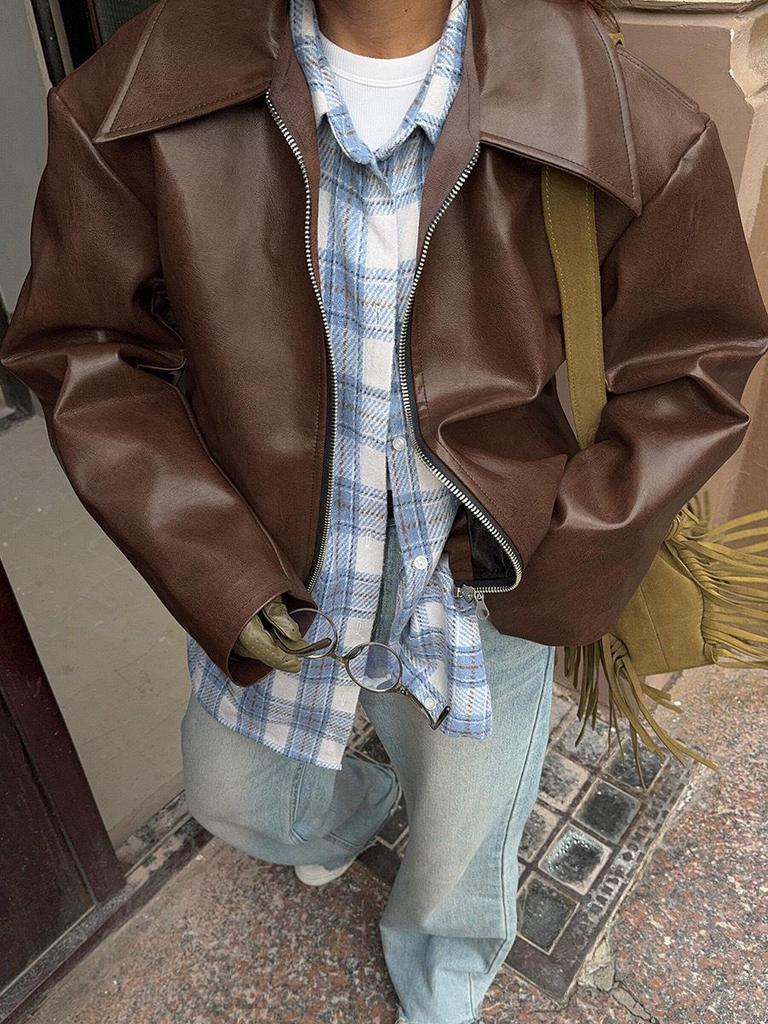 Women's Retro Burgundy Leather Motorcycle Jacket, 2024 Autumn European & American Fashion Matte Coat