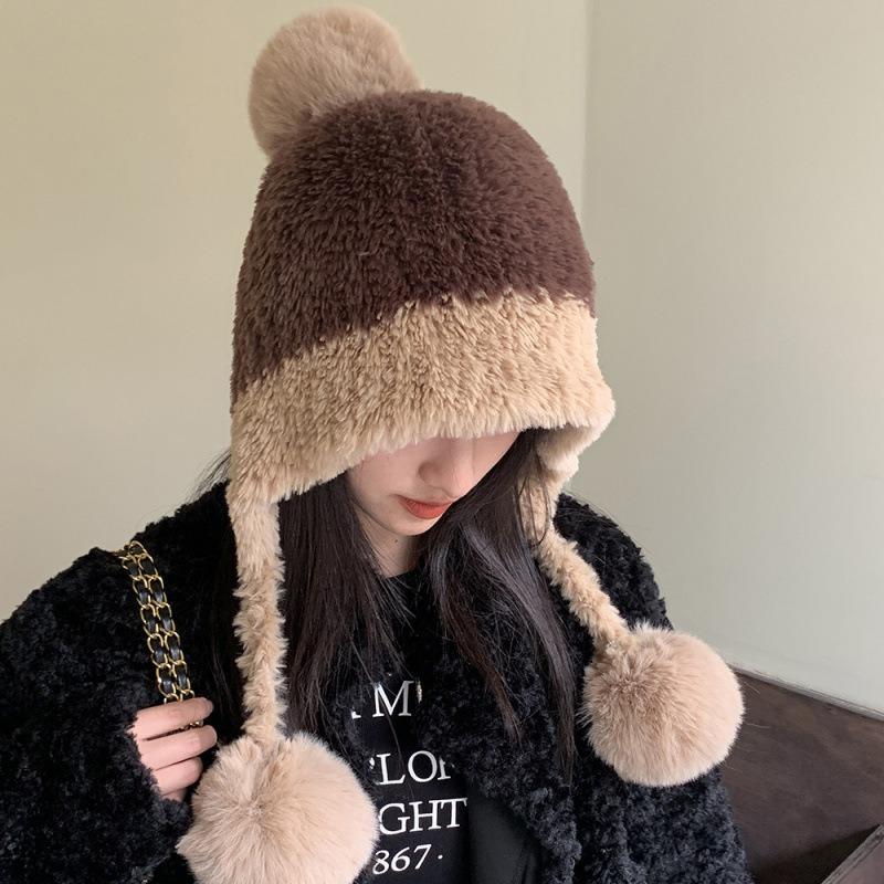 Women Fluffy Plush Hooded Hat Winter Thick Warm Ear Protection Cap Windproof Outdoor Thermal Pompom Beanie For Riding Walking Outdoor