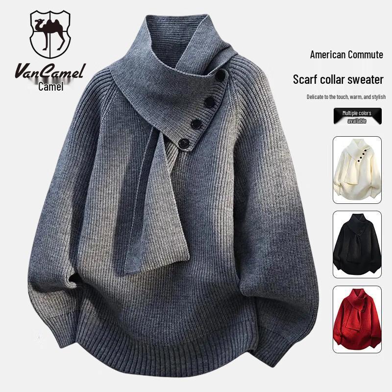 

VANCAMEL Men s Loose Fit V-Neck Scarf Collar Sweater L