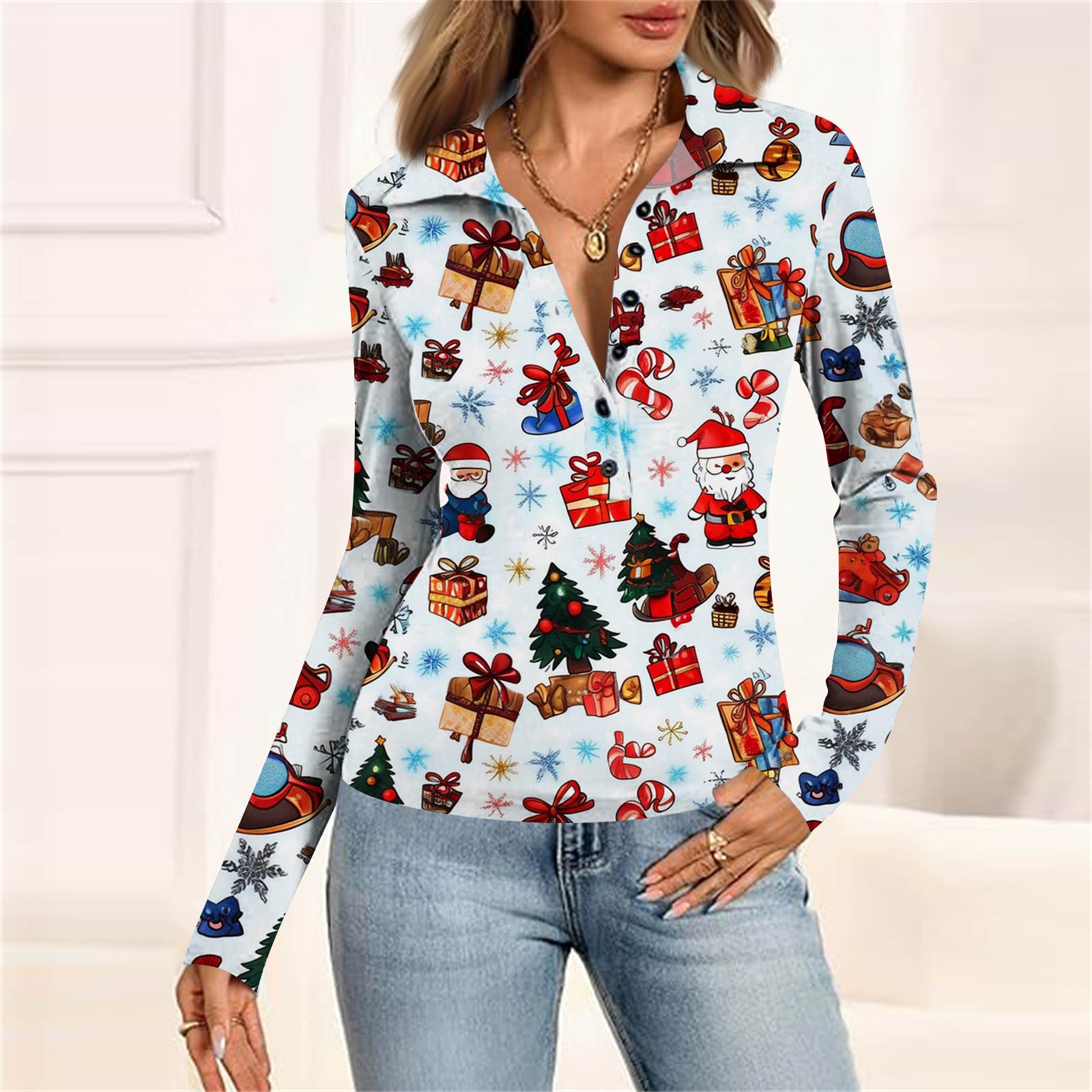 

Женская мода Повседневный принт V-образный вырез Длинный рукав Застегивающаяся на пуговицы блузка M