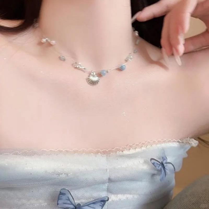 Summer Y2K Cute Shell Starfish Pendant Choker Necklace for Women Elegant Pearl Crystal Beaded Clavicle Chain Party Jewelry Gift