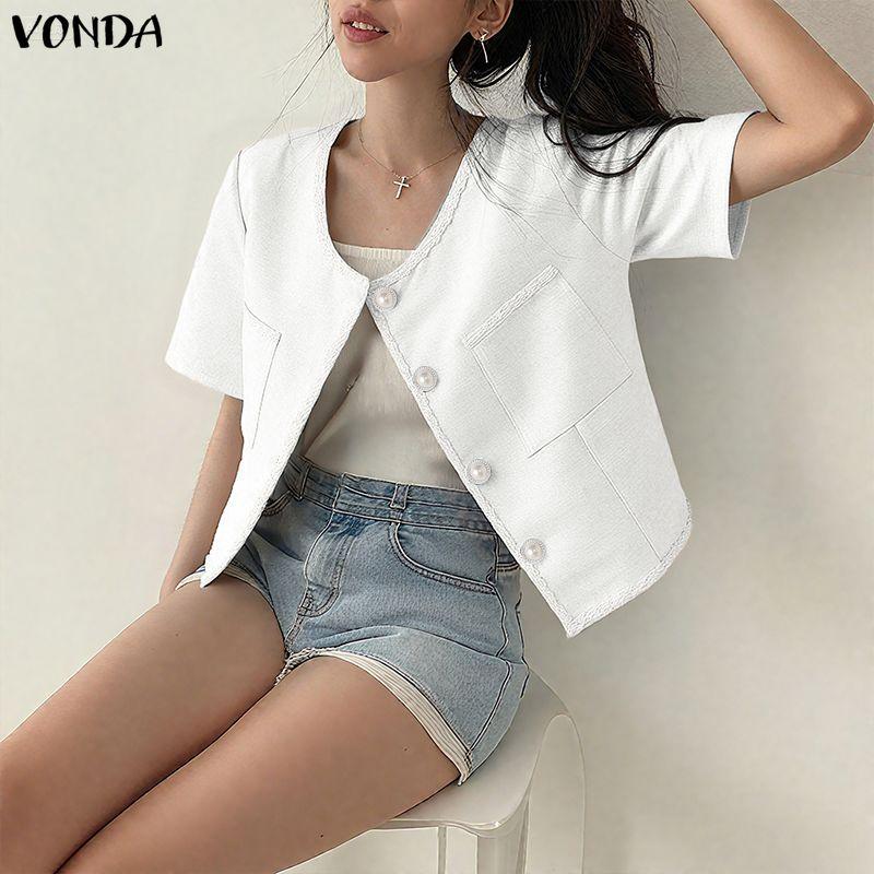 VONDA Elegant Women Short Sleeve Texture Hem Patchwork Buttons Casual Cropped Blouse Tops
