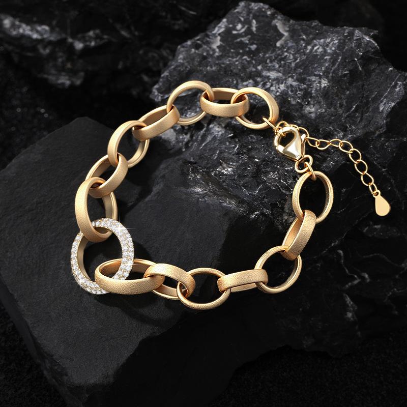 Punk Style Frosted S925 Sterling Silver 14k Gold Plated Paper Clip Ring Inlaid Moissanite Bracelet for Women's Birthday Gift