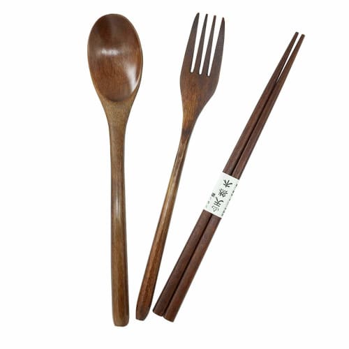 MERMOO Wooden Chopsticks Set, Bento Cutlery Set, Wooden Chopsticks, Spoon, Fork, with Chopstick Bag, 4-Piece Set, Safe, Non-Toxic, Convenient for Adul