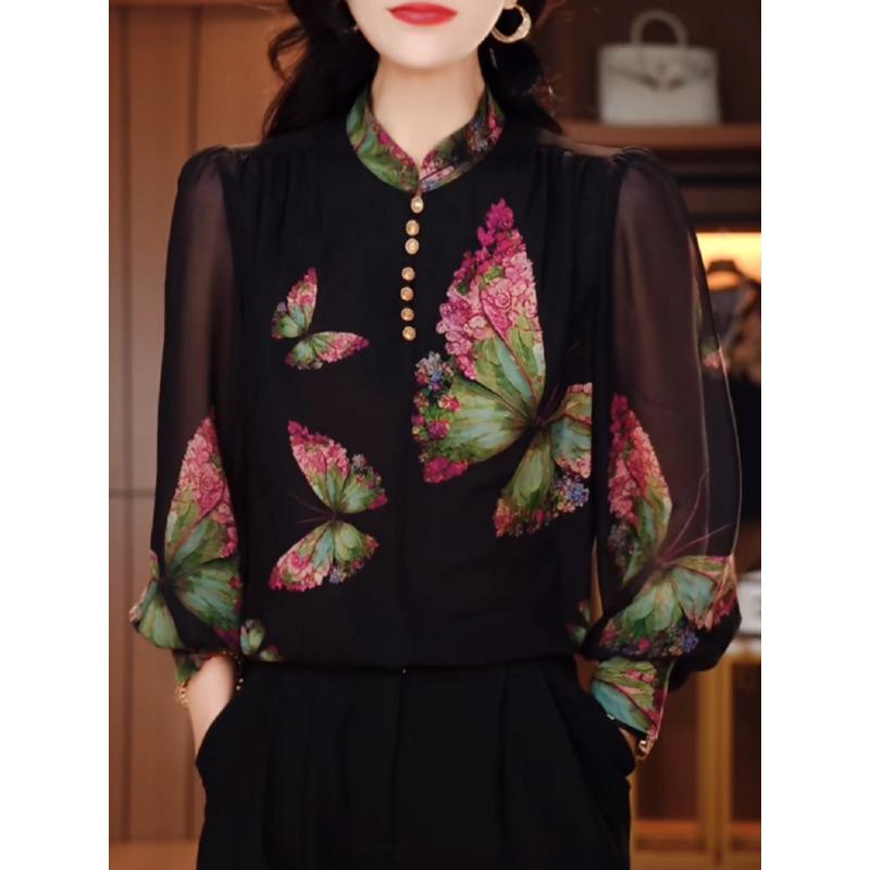 Butterflies Flying Fashion Three-dimensional Printed Western Style Shirt Women's Autumn Stand Long Sleeve Top Versatile