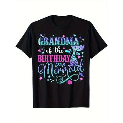 Damen "Oma der Geburtstagssirene" Meerjungfrauenflosse Muschelprint Lässiges Kurzarm-Rundhals-T-Shirt