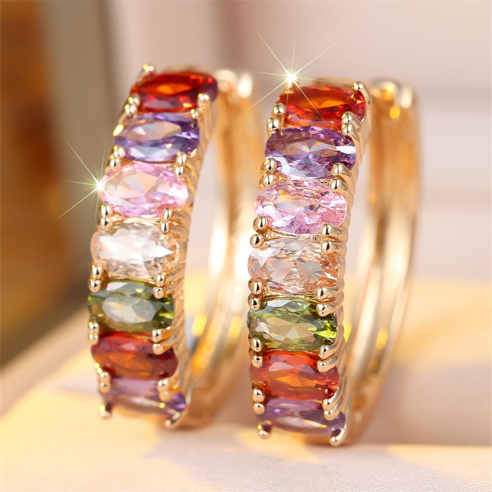 Duhový Křišťálový Oválný Kámen Zirkon Kruhové Náušnice Pro Ženy Vintage Zlatá Stříbrná Barva Náušnice Sponka Svatba Večírek Šperky Svatební Dárek