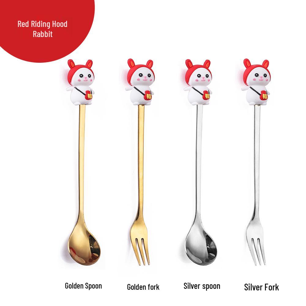 Cartoon Rabbit Christmas Dessert Spoon and Fork Set - Cute Party Favor Stirring Spoon