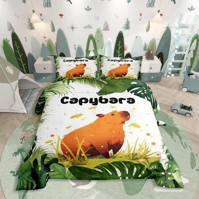 Capybara Bettwäsche-Set Einzelgröße, Niedliches Zeichentricktier Kinder Weiches Mikrofaser-Bettwäsche-Set, Bettbezug Mit 1/2 Kissenbezügen