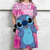 Damen Übergröße Sommer Disney Lilo&Stitch bedrucktes kurzärmeliges Rundhals Freizeit-T-Shirt-Kleid lässiges sexy Kleid lockeres Kleid